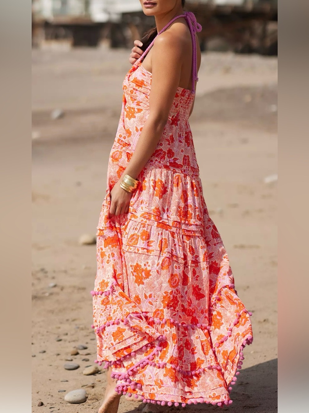 Ro's Garden Anthropologie Denise Halter Maxi Dress Pom Pom Pink Orange Floral M - Picture 15 of 15